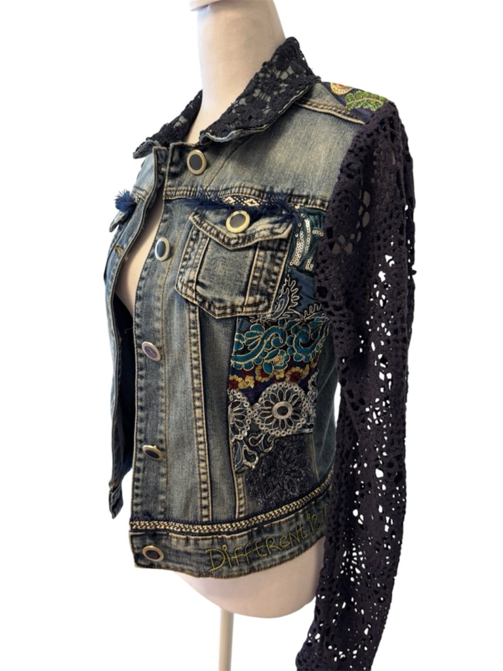 ✨ Desigual Exotic Jeans Patchwork Denim Jacket – Size 36 ✨